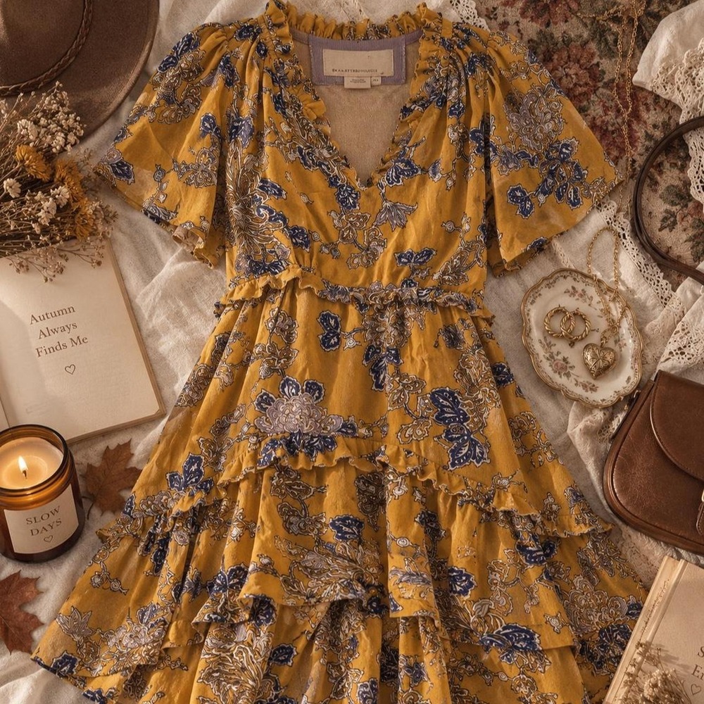 yellow floral mini dress flowy short sleeve v neck cottagecore dress